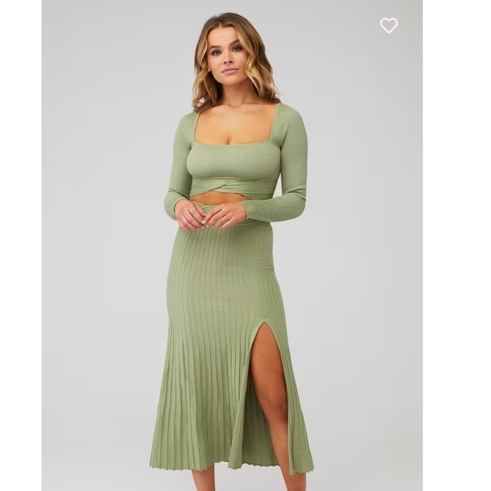 The Sovere Inertia Knit Crop Top and Midi Skirt NWT in Tea Green